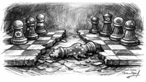 Κατεστραμμένη σκακιέρα όπου η Ευρώπη είναι ένα πεσμένο, ραγισμένο πιόνι.