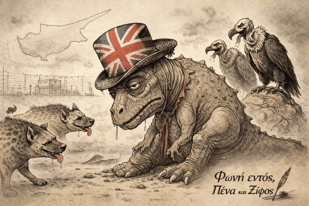 Ένας ταλαιπωρημένος δεινόσαυρος με βρετανικό στρατιωτικό καπέλο περιστοιχισμένος από ύαινες και γύπες.