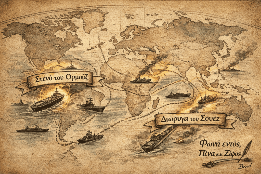 Παγκόσμιος χάρτης που δείχνει το Στενό του Ορμούζ και τη Διώρυγα του Σουέζ ως κρίσιμες ενεργειακές αρτηρίες.