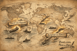 Παγκόσμιος χάρτης που δείχνει το Στενό του Ορμούζ και τη Διώρυγα του Σουέζ ως κρίσιμες ενεργειακές αρτηρίες.