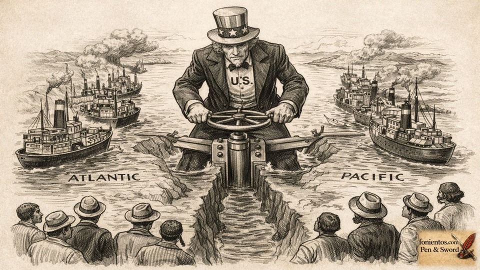 Σκιτσογραφία της Διώρυγας του Παναμά με τις ΗΠΑ να ελέγχουν τη διέλευση πλοίων.