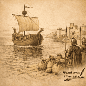 Μεσαιωνικό καράβι φορτωμένο εμπορεύματα πλέει σε εμπορικό δρόμο ενώ στρατιώτες φυλάσσουν το λιμάνι.