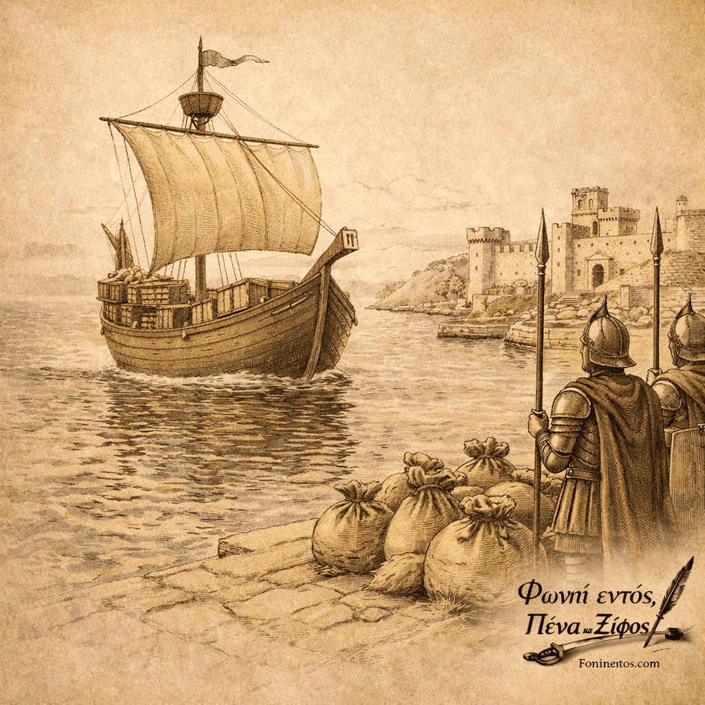 Μεσαιωνικό καράβι φορτωμένο εμπορεύματα πλέει σε εμπορικό δρόμο ενώ στρατιώτες φυλάσσουν το λιμάνι.