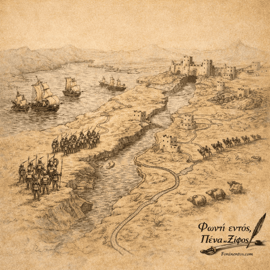 Χάρτης εμπορικών δρόμων πάνω στον οποίο στρατοί κινούνται προς στρατηγικά περάσματα.
Οι εμπορικοί δρόμοι μετατρέπονταν συχνά σε πεδία γεωπολιτικής σύγκρουσης.
Σκίτσο για το άρθρο «Ο Πόλεμος και το Χρήμα III» στο fonientos.com που συμβολίζει τον αγώνα για τον έλεγχο εμπορικών διαδρομών.