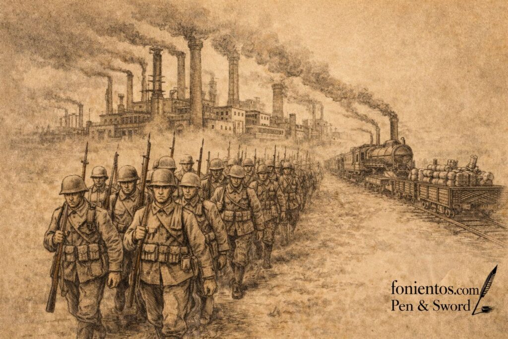 Βιομηχανικά εργοστάσια πίσω από στρατιώτες δείχνουν τη σύνδεση πολέμου και παραγωγής.