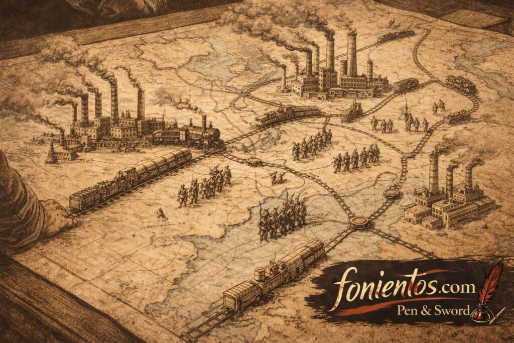 Μεγάλος χάρτης όπου εργοστάσια, τρένα και στρατοί συνδέονται σε πολεμική οικονομία.