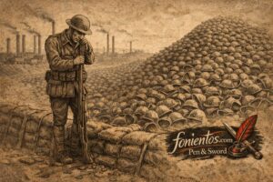 Σκιτσογραφία στρατιώτη του Α΄ Παγκοσμίου Πολέμου μπροστά σε σωρό κρανών, συμβολίζοντας τις χαμένες γενιές και την εξάντληση ενός πολέμου.