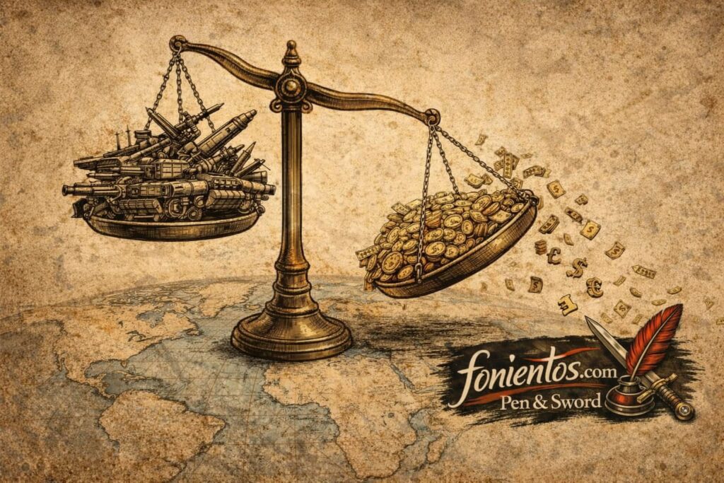 Πολιτική σκιτσογραφία με ζυγαριά όπου η οικονομία και τα όπλα ισορροπούν, συμβολίζοντας την οικονομική βάση της στρατιωτικής ισχύος.
