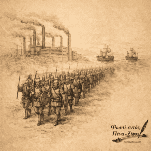 Στρατιώτες και εργοστάσια πίσω τους συμβολίζουν τη σύνδεση πολέμου και οικονομίας.