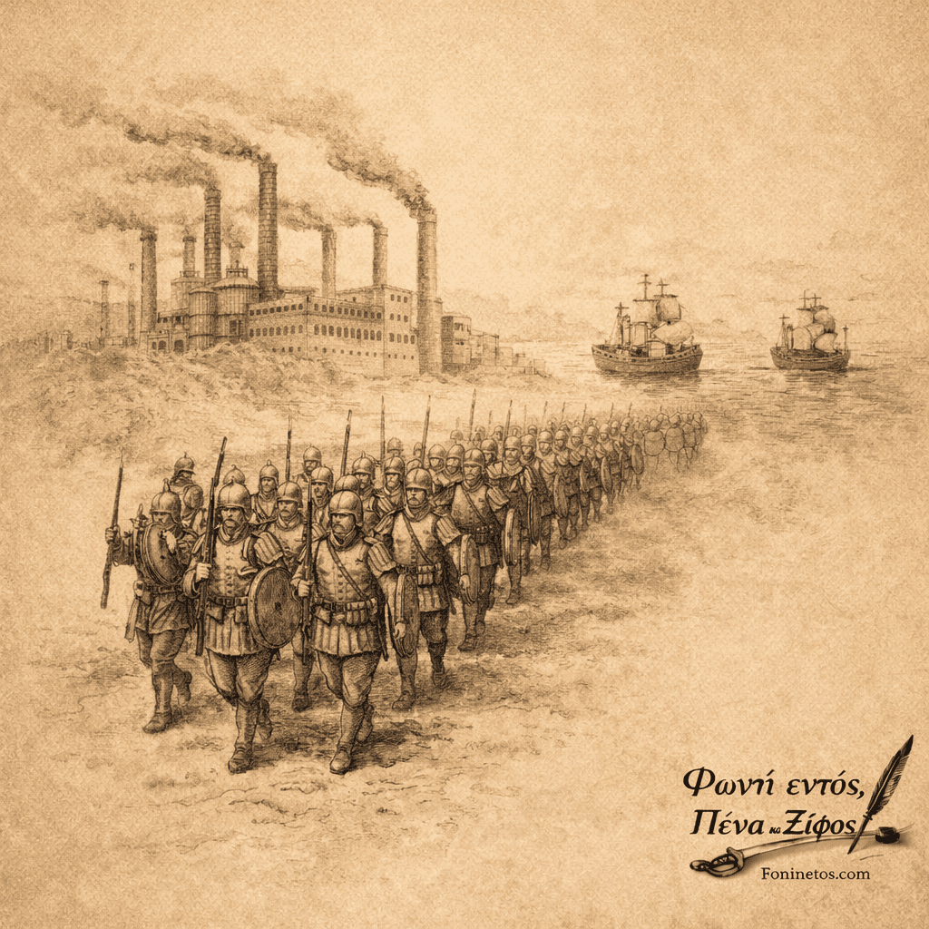 Στρατιώτες και εργοστάσια πίσω τους συμβολίζουν τη σύνδεση πολέμου και οικονομίας.