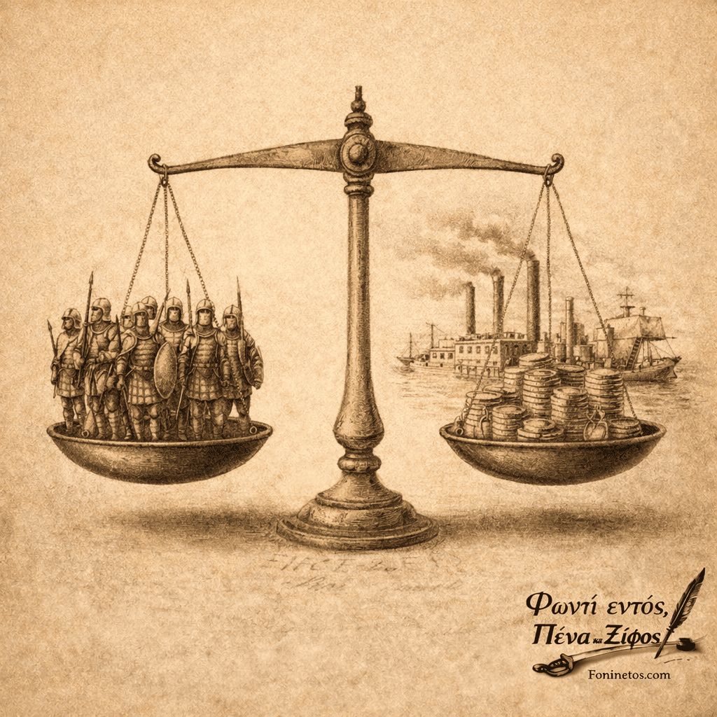 Σκίτσο για το άρθρο «Ο Πόλεμος και το Χρήμα» στο fonientos.com που συμβολίζει την ισορροπία μεταξύ στρατιωτικής ισχύος και οικονομικής δύναμης.
Μια μεγάλη ζυγαριά βρίσκεται στο κέντρο.

Στη μία πλευρά της ζυγαριάς στέκονται στρατιώτες με όπλα.

Στην άλλη πλευρά φαίνονται εργοστάσια, πλοία και σωροί νομισμάτων.

Η ζυγαριά είναι σχεδόν ισορροπημένη, δείχνοντας ότι ο πόλεμος είναι ταυτόχρονα στρατιωτική και οικονομική αναμέτρηση.