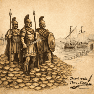 Αρχαίοι στρατιώτες στέκονται πάνω σε σωρούς νομισμάτων συμβολίζοντας τη σχέση πολέμου και οικονομίας.