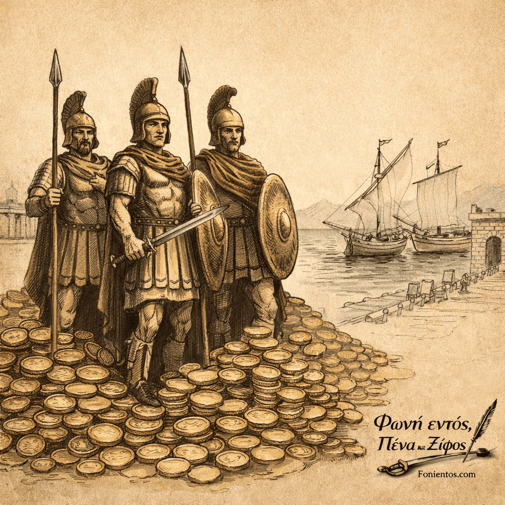 Αρχαίοι στρατιώτες στέκονται πάνω σε σωρούς νομισμάτων συμβολίζοντας τη σχέση πολέμου και οικονομίας.