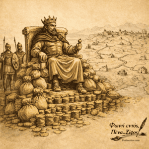 Αυτοκράτορας κάθεται πάνω σε θρόνο φτιαγμένο από νομίσματα ενώ στρατιώτες στέκονται γύρω του.