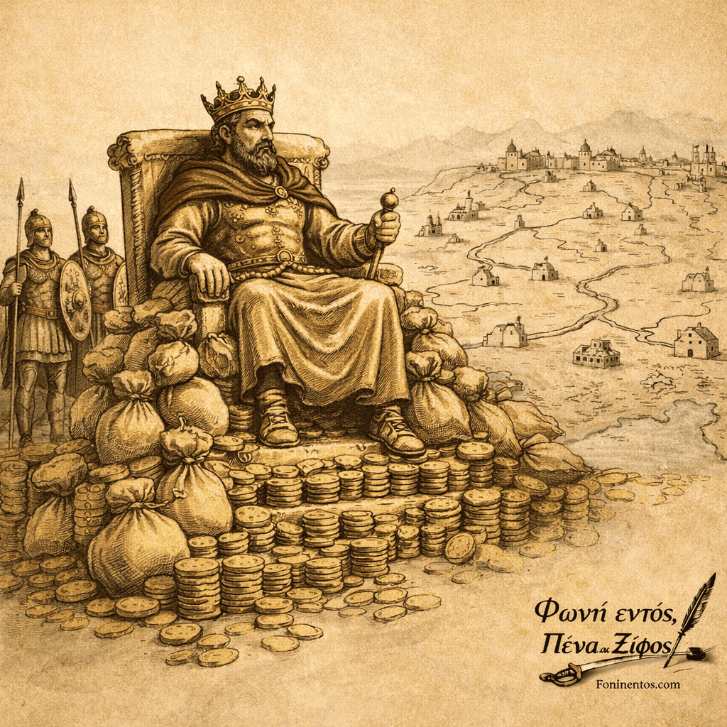 Αυτοκράτορας κάθεται πάνω σε θρόνο φτιαγμένο από νομίσματα ενώ στρατιώτες στέκονται γύρω του.