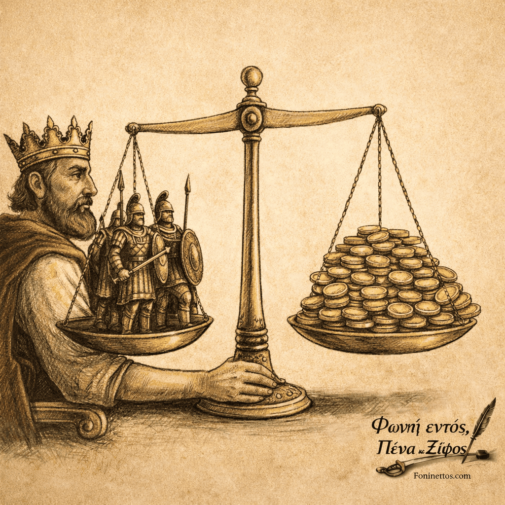 Σκίτσο για το άρθρο «Ο Πόλεμος και το Χρήμα I» στο fonientos.com που συμβολίζει το κόστος της στρατιωτικής ισχύος.
Σκίτσο σε φόντο #F3E7D3. Ένας αρχαίος ηγεμόνας κρατά μια μεγάλη ζυγαριά. Στη μία πλευρά της ζυγαριάς βρίσκονται στρατιώτες με ασπίδες και δόρατα και στην άλλη πλευρά σωροί χρυσών νομισμάτων. Η εικόνα συμβολίζει τη διαχρονική σχέση στρατιωτικής ισχύος και οικονομικών πόρων.