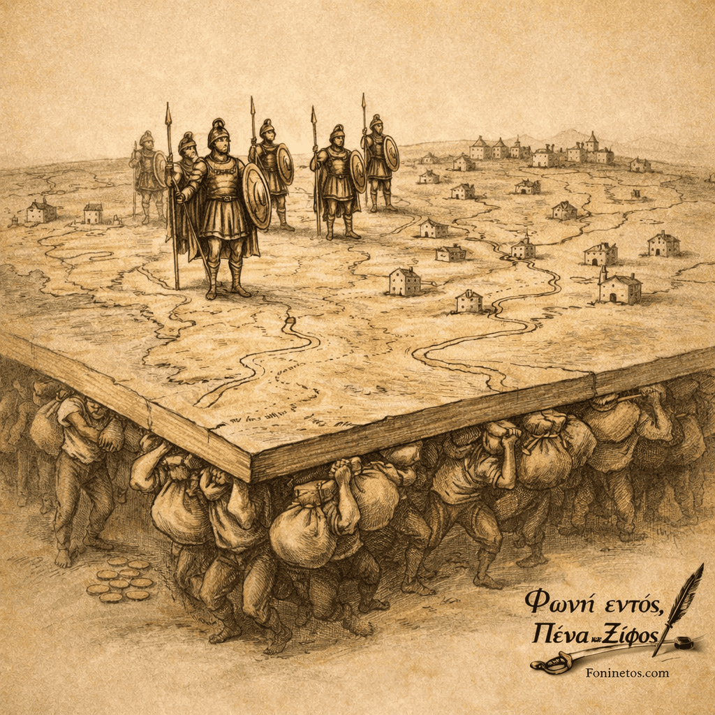 Χάρτης αυτοκρατορίας πάνω σε τραπέζι ενώ στρατιώτες βαδίζουν πάνω του και πολίτες κουβαλούν φόρους.
Η ισχύς των αυτοκρατοριών στηριζόταν στην οικονομική προσπάθεια ολόκληρης της κοινωνίας.
Σκίτσο για το άρθρο «Ο Πόλεμος και το Χρήμα II» στο fonientos.com που απεικονίζει το βάρος της αυτοκρατορικής ισχύος.