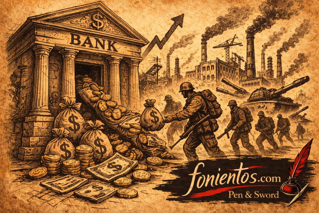 Τράπεζα και στρατιώτες δείχνουν τη σύνδεση πολέμου και χρηματοπιστωτικού συστήματος.
