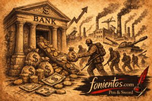 Τράπεζα και στρατιώτες δείχνουν τη σύνδεση πολέμου και χρηματοπιστωτικού συστήματος.