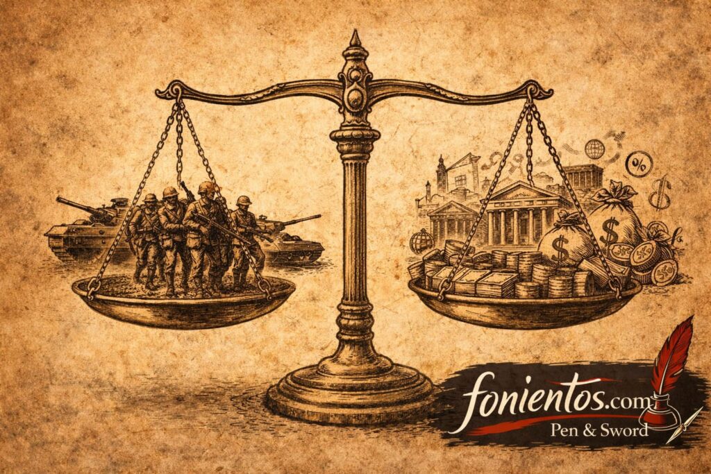 Ζυγαριά όπου στη μία πλευρά βρίσκεται στρατός και στην άλλη τράπεζες και χρήμα.