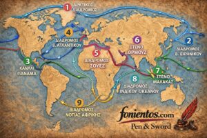 Παγκόσμιος χάρτης που δείχνει τα βασικά στρατηγικά περάσματα του εμπορίου και της ενέργειας στον πλανήτη.