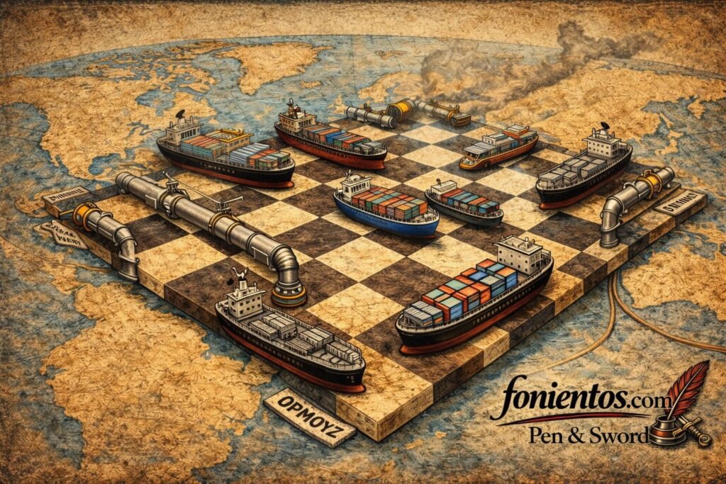 Σκίτσο γεωπολιτικής σκακιέρας όπου τα εμπορικά και ενεργειακά δίκτυα λειτουργούν ως στρατηγικά πιόνια ισχύος.