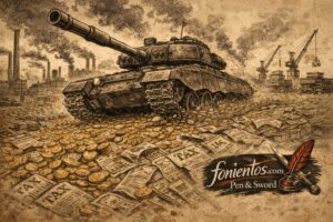 Πολιτική σκιτσογραφία όπου ένα άρμα μάχης κινείται πάνω σε χρήματα και οικονομικούς πόρους, συμβολίζοντας το οικονομικό κόστος του πολέμου.