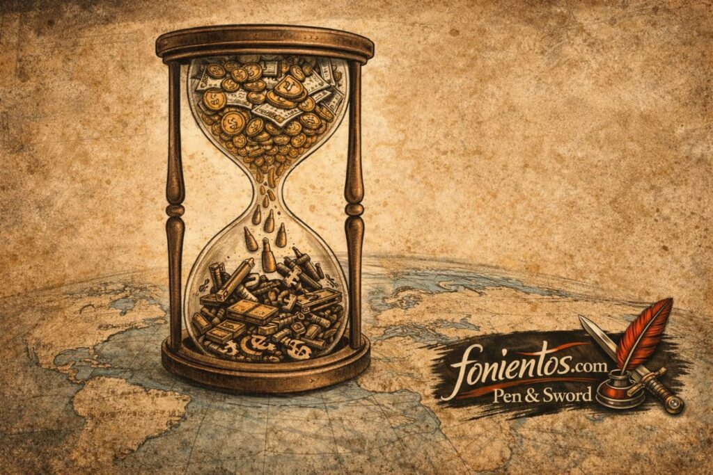 Σκιτσογραφία με κλεψύδρα όπου τα χρήματα μετατρέπονται σε πολεμικά βλήματα, συμβολίζοντας το οικονομικό κόστος της σύγκρουσης.