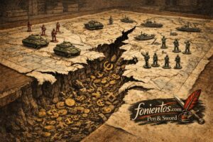 Σκιτσογραφία στρατηγικού χάρτη που σκίζεται αποκαλύπτοντας κατεστραμμένα νομίσματα, συμβολίζοντας τα όρια της οικονομίας στον πόλεμο.