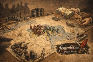 Σκιτσογραφία χάρτη της Ευρασίας όπου η σύγκρουση Ρωσίας και Ουκρανίας συνδέεται με οικονομικούς και ενεργειακούς πόρους.