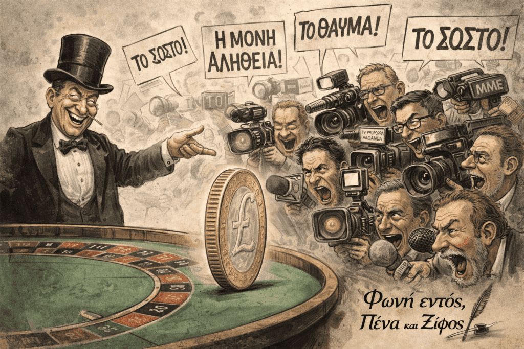Πολιτική γελοιογραφία: Ένας τζογαδόρος ρίχνει ένα νόμισμα που στέκεται όρθιο, ενώ δημοσιογράφοι με κάμερες το δείχνουν και φωνάζουν "Αυτό είναι το σωστό".