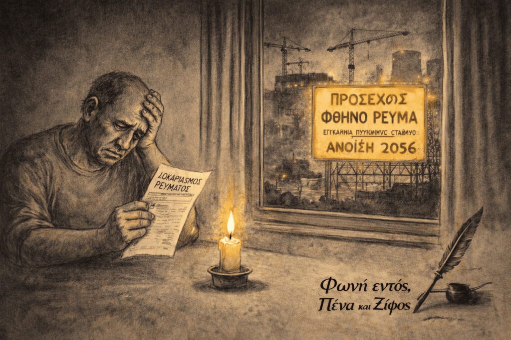 Σκίτσο με Έλληνα πολίτη να διαβάζει απελπισμένος τον λογαριασμό ρεύματος υπό το φως ενός κεριού, ενώ έξω από το παράθυρο υπάρχει ταμπέλα εργοταξίου για εγκαίνια πυρηνικού σταθμού το 2056.