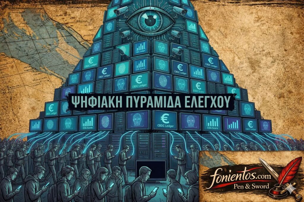 Σκοτεινή ψηφιακή πυραμίδα από οθόνες που ελέγχει ανθρώπους, με το λογότυπο fonientos.