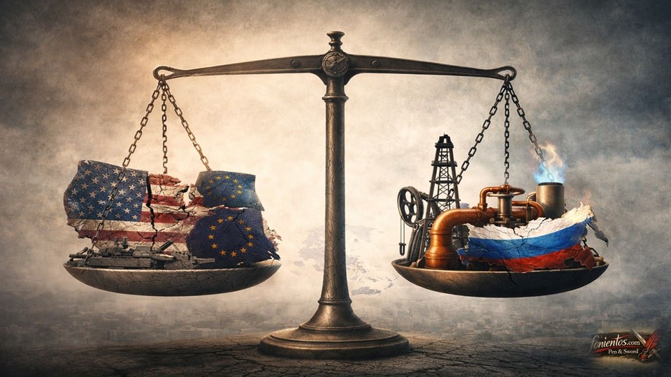 Σκιτσογραφία ζυγαριάς όπου η Ρωσία με ενεργειακή ισχύ υπερέχει απέναντι στη διχασμένη Δύση.