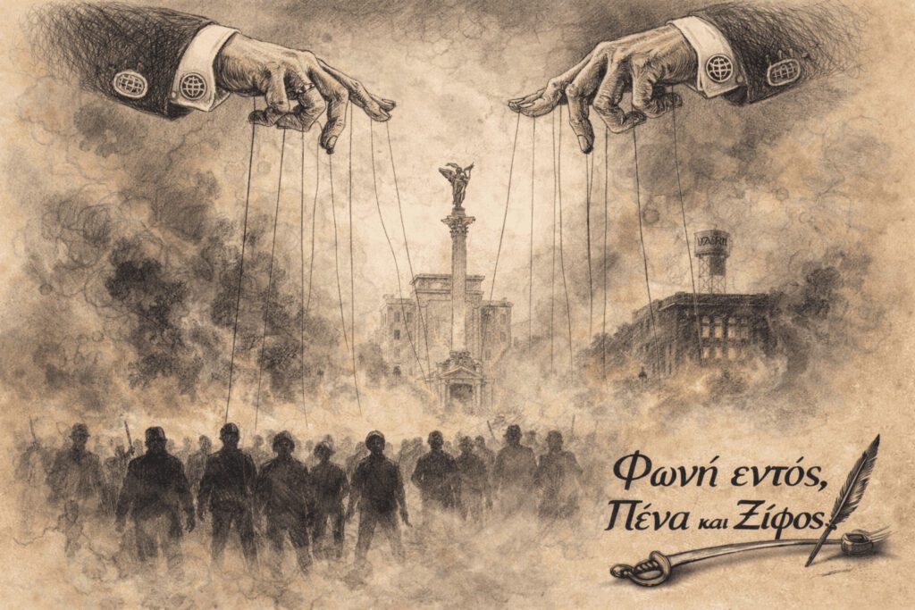 Η πλατεία Maidan με διαδηλωτές και νήματα χειραγώγησης που κατεβαίνουν από τον ουρανό.
Μια καλλιτεχνική απεικόνιση της πλατείας Maidan μέσα σε καπνούς. Οι διαδηλωτές στο έδαφος φαίνονται ως ανώνυμες σκιές, ενώ από τον ουρανό κατεβαίνουν λεπτά, σχεδόν αόρατα νήματα που θυμίζουν μαριονέτες. Τα νήματα αυτά καταλήγουν σε χέρια που φορούν κοστούμια και μανικετόκουμπα με σύμβολα διεθνών χρηματοπιστωτικών οργανισμών, υποδηλώνοντας την κατεύθυνση των γεγονότων από κέντρα ισχύος.