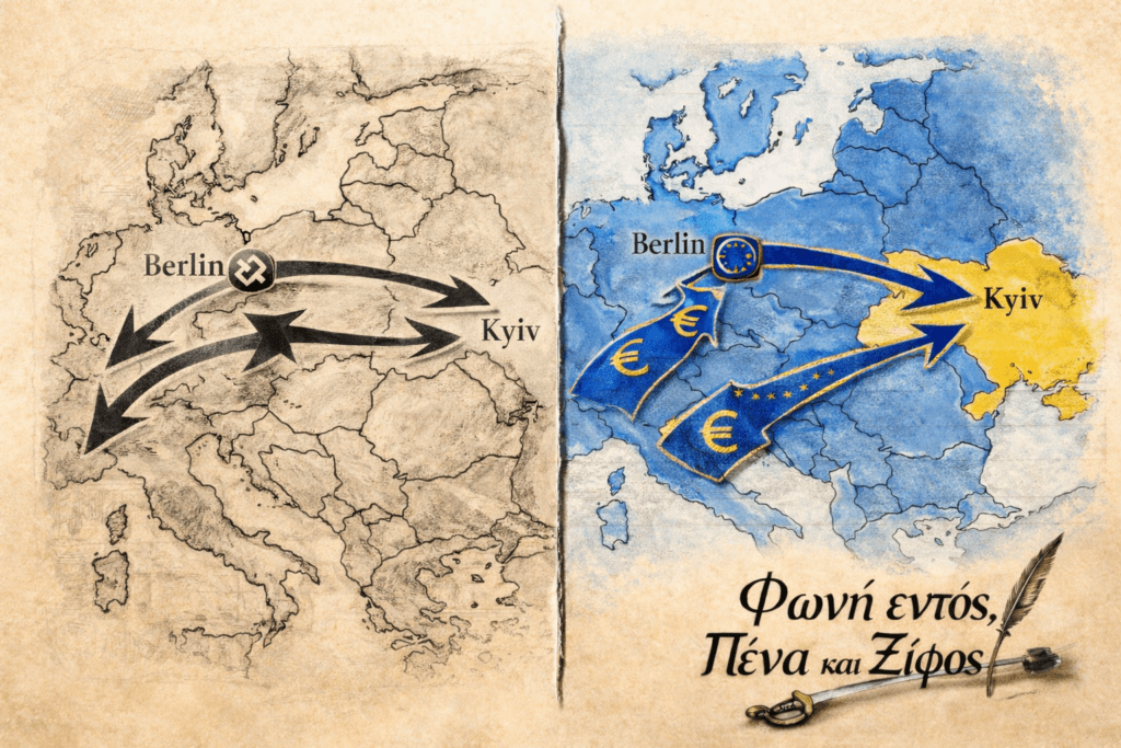 Ιστορικός και σύγχρονος χάρτης της Ευρώπης με βέλη γεωπολιτικής πίεσης από τη Γερμανία προς την Ουκρανία.