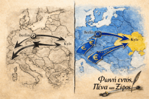 Ιστορικός και σύγχρονος χάρτης της Ευρώπης με βέλη γεωπολιτικής πίεσης από τη Γερμανία προς την Ουκρανία.
