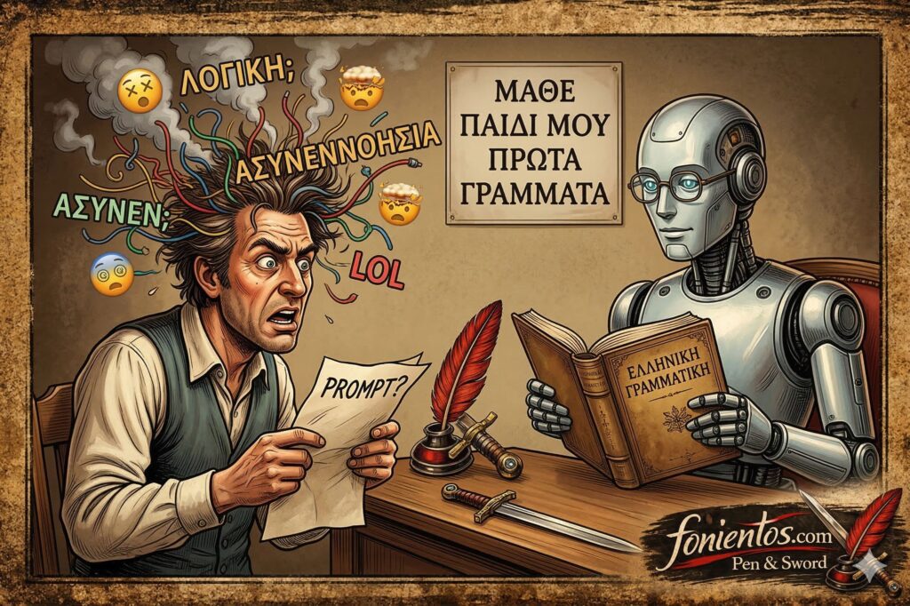 Σύντομο σατιρικό σκίτσο: Ένας μπερδεμένος χρήστης με χάος στο κεφάλι φωνάζει σε ρομπότ με βιβλίο Ελληνικής Γραμματικής. Η επιγραφή "Μάθε γράμματα" στον τοίχο. Υπογραφή branding fonientos.com Pen & Sword κάτω δεξιά.