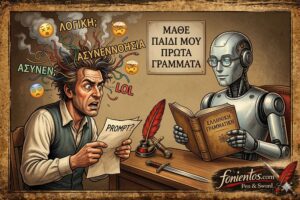 Σύντομο σατιρικό σκίτσο: Ένας μπερδεμένος χρήστης με χάος στο κεφάλι φωνάζει σε ρομπότ με βιβλίο Ελληνικής Γραμματικής. Η επιγραφή "Μάθε γράμματα" στον τοίχο. Υπογραφή branding fonientos.com Pen & Sword κάτω δεξιά.