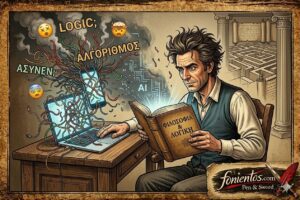 Σατιρικό vintage σκίτσο: Ένας άνθρωπος αφήνει το κινητό του, κλείνει το λάπτοπ και διαβάζει ένα παλιό, κλασικό βιβλίο με τίτλο «ΦΙΛΟΣΟΦΙΑ & ΛΟΓΙΚΗ», ενώ στο φόντο τα ψηφιακά καλώδια διαλύονται. Σφραγίδα: fonientos.com.