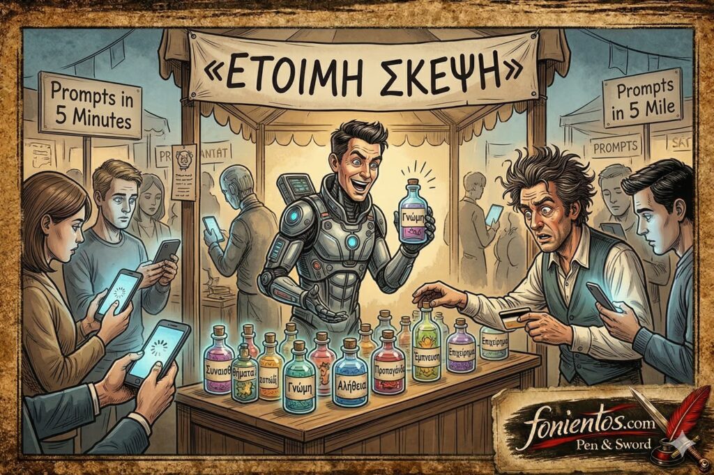 Σατιρικό vintage σκίτσο: Ένας "τεχνολογικός γκουρού" πουλάει μπουκαλάκια με "Έτοιμη Σκέψη" (labels: Συναισθήματα, Γνώμη, Αλήθεια) σε ανθρώπους υπνωτισμένους από glowing κινητά. Ο μπερδεμένος άντρας από το image_1.png stares into phone. Σφραγίδα: fonientos.com.