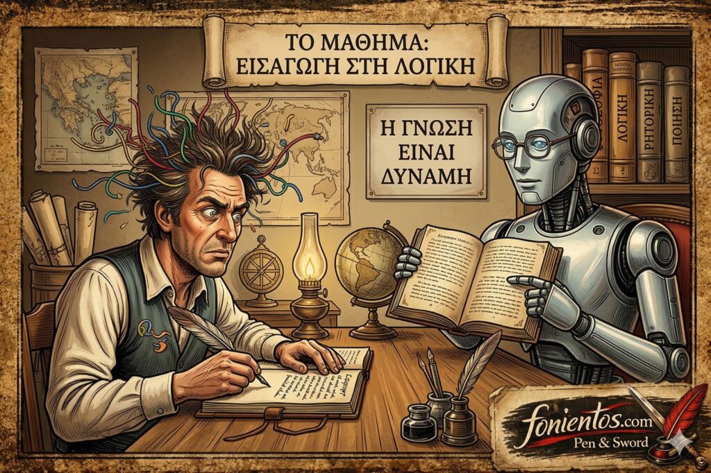 Σατιρικό vintage σκίτσο: Ένας μπερδεμένος άντρας που γράφει με φτερό σε γραφείο γεμάτο βιβλία, ενώ ένα ρομπότ-δάσκαλος με γυαλιά του δείχνει βιβλίο Γραμματικής. Κείμενο: «Εισαγωγή στη Λογική», «Η Γνώση είναι Δύναμη».