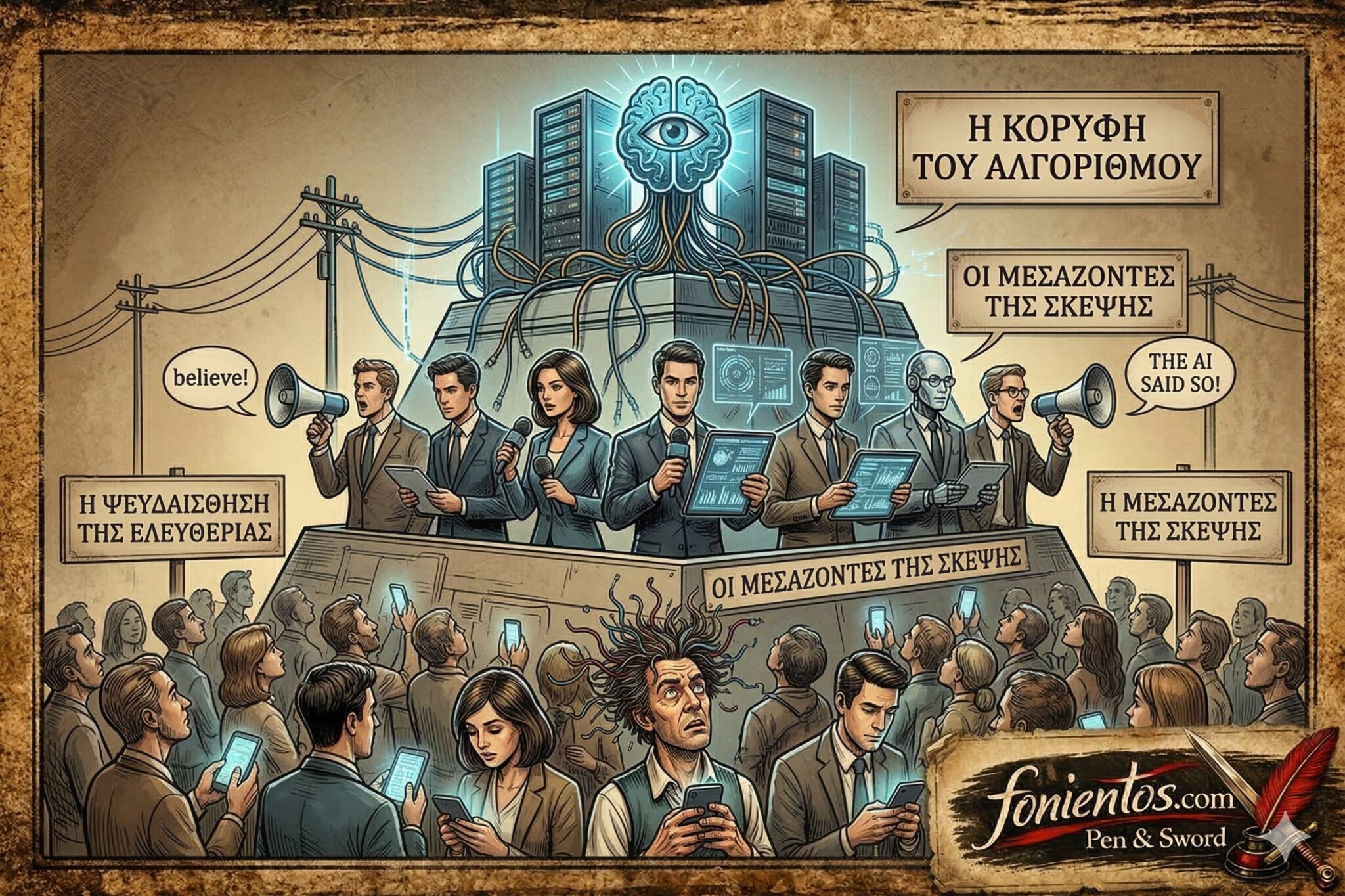 Σατιρικό vintage σκίτσο που απεικονίζει μια ψηφιακή κοινωνική πυραμίδα. Στην κορυφή servers και AI, στη μέση μεσάζοντες (δημοσιογράφοι, influencers) με τηλεβόες, και στη βάση υπνωτισμένοι πολίτες (με τον άντρα από το image_1.png) να κοιτάζουν κινητά. Sign: "Η Ψευδαίσθηση της Ελευθερίας". Σφραγίδα: fonientos.com.