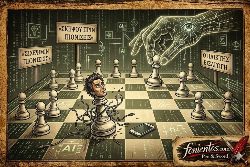 Σατιρικό vintage σκίτσο που απεικονίζει μια γιγαντιαία digital σκακιέρα. Οι πολίτες εμφανίζονται ως πιόνια με screens, ενώ μια γιγαντιαία digital hand (AI/μεσάζοντες) τους κινεί. Ένα μόνο πιόνι σηκώνει το κεφάλι, αφήνει το κινητό και κοιτάζει ψηλά. Sign: "ΣΚΕΨΟΥ ΠΡΙΝ ΠΙΟΝΙΣΕΙΣ". Σφραγίδα: fonientos.com.