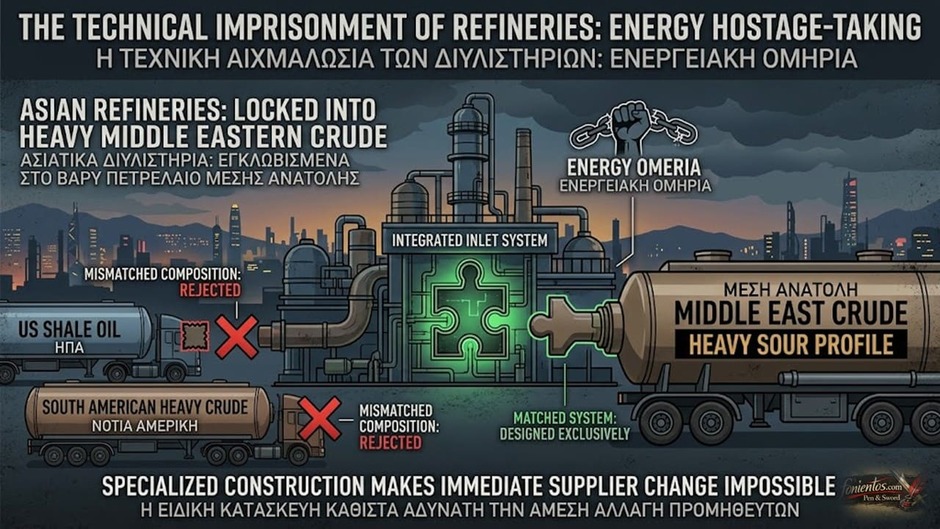 Απεικόνιση του τεχνικού εγκλωβισμού των ασιατικών διυλιστηρίων στο πετρέλαιο της Μέσης Ανατολής.