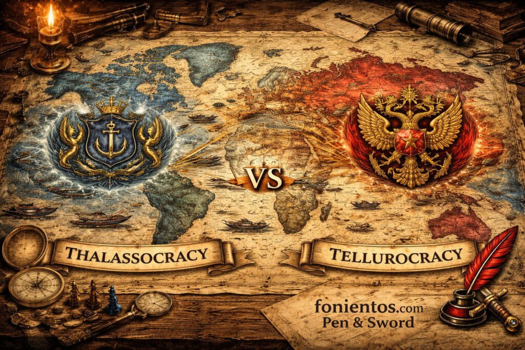 Σκιτσογραφία γεωπολιτικού χάρτη που απεικονίζει την αντιπαράθεση θαλάσσιας ισχύος (Thalassocracy) και ηπειρωτικής ισχύος (Tellurocracy) πάνω στον παγκόσμιο χάρτη, με θαλάσσιες εμπορικές διαδρομές και ηπειρωτικά δίκτυα μεταφορών.