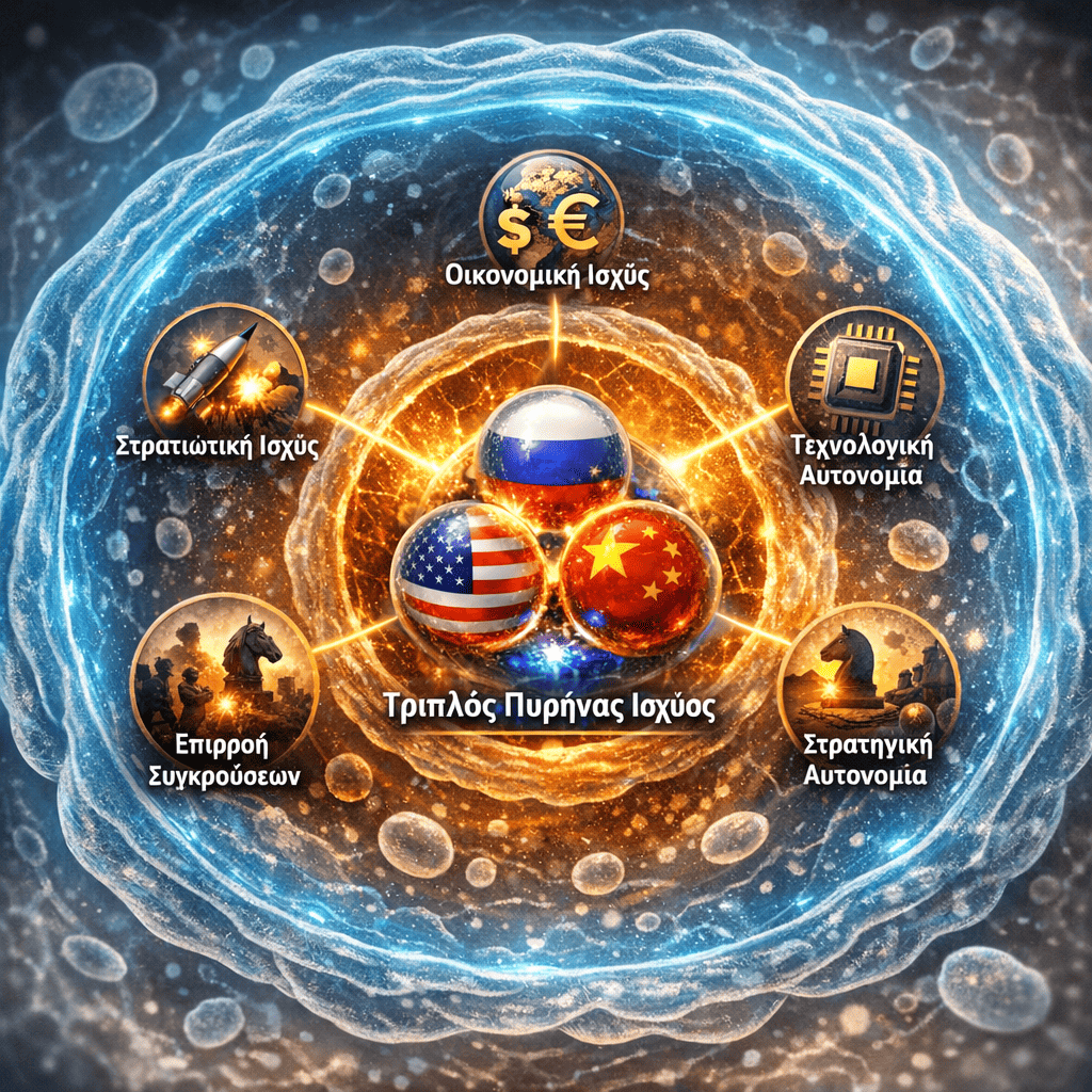Απεικόνιση τριπλού πυρήνα ισχύος μέσα σε κυτταρική δομή που συμβολίζει τη νέα παγκόσμια γεωπολιτική ισορροπία.