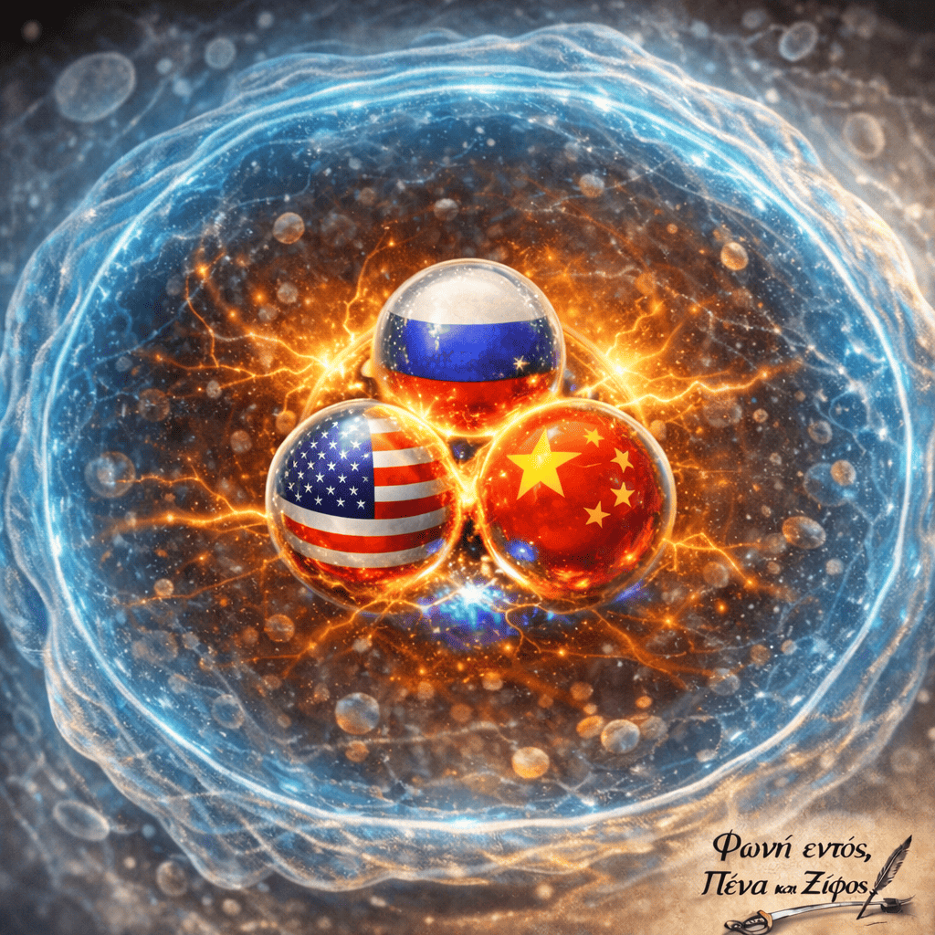 Τρεις δυνάμεις σε αλληλεπίδραση μέσα σε κυτταρική δομή που αναπαριστά τον τριπλό πυρήνα ισχύος.