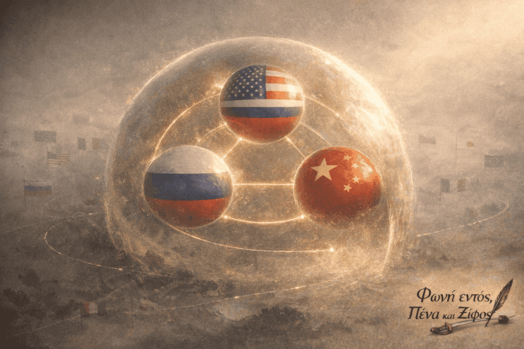Τριπλός πυρήνας ισχύος με ΗΠΑ, Ρωσία και Κίνα σε μορφή γεωπολιτικού κυττάρου που αποτυπώνει τη ρευστή ισορροπία δυνάμεων.