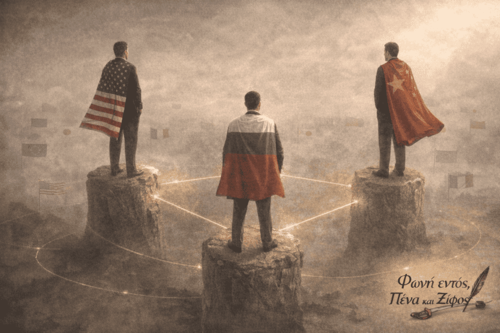 Σκίτσο από το άρθρο «Τριπλός Πυρήνας Ισχύος» στο fonientos.com. Απεικονίζει τη ρευστότητα και τη μεταβαλλόμενη εσωτερική ισορροπία μεταξύ των τριών μεγάλων δυνάμεων.